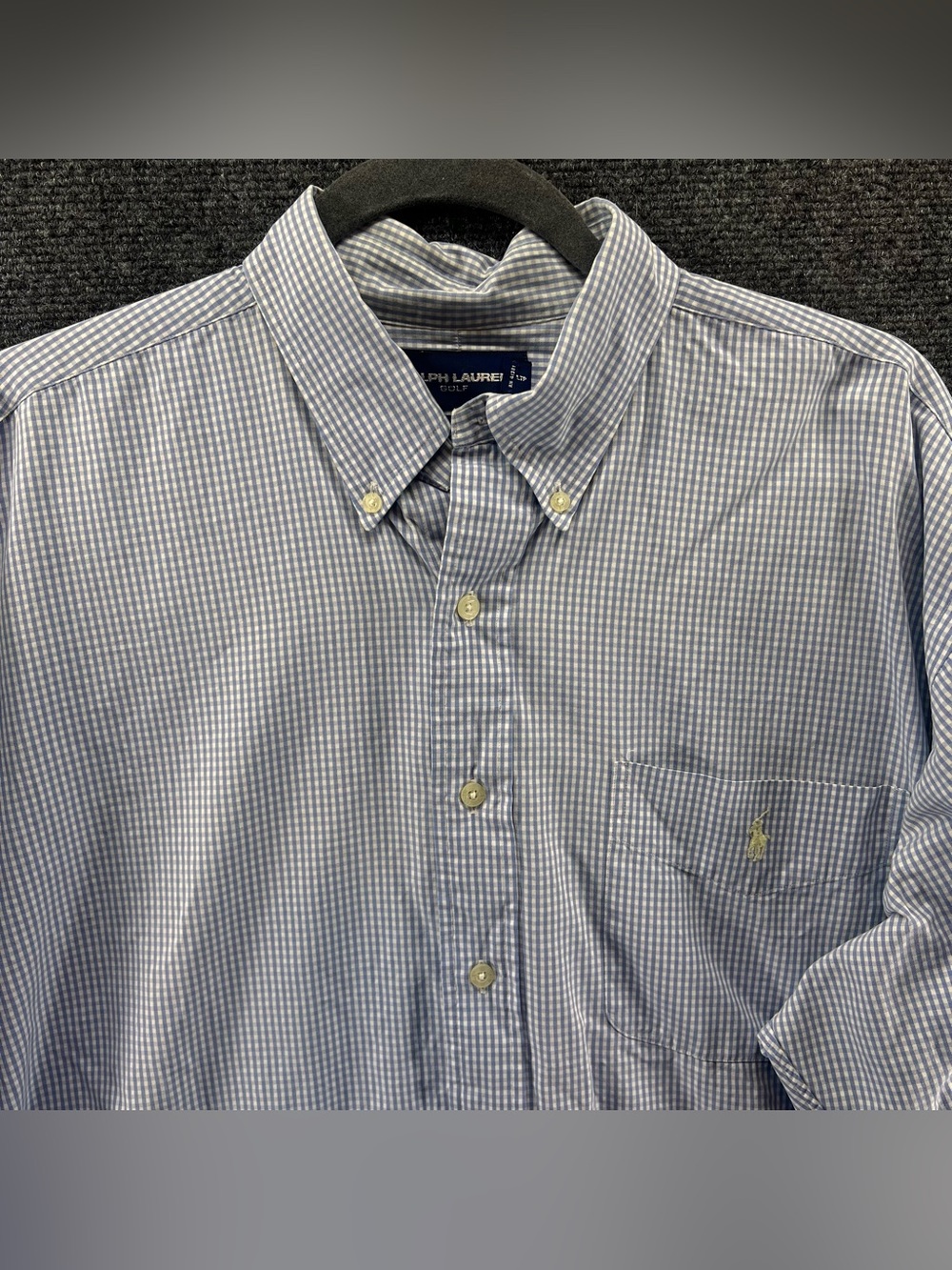 Ralph Lauren Golf Tilden Shirt Large Blue Gingham L/S Cotton Everyday Preppy EUC